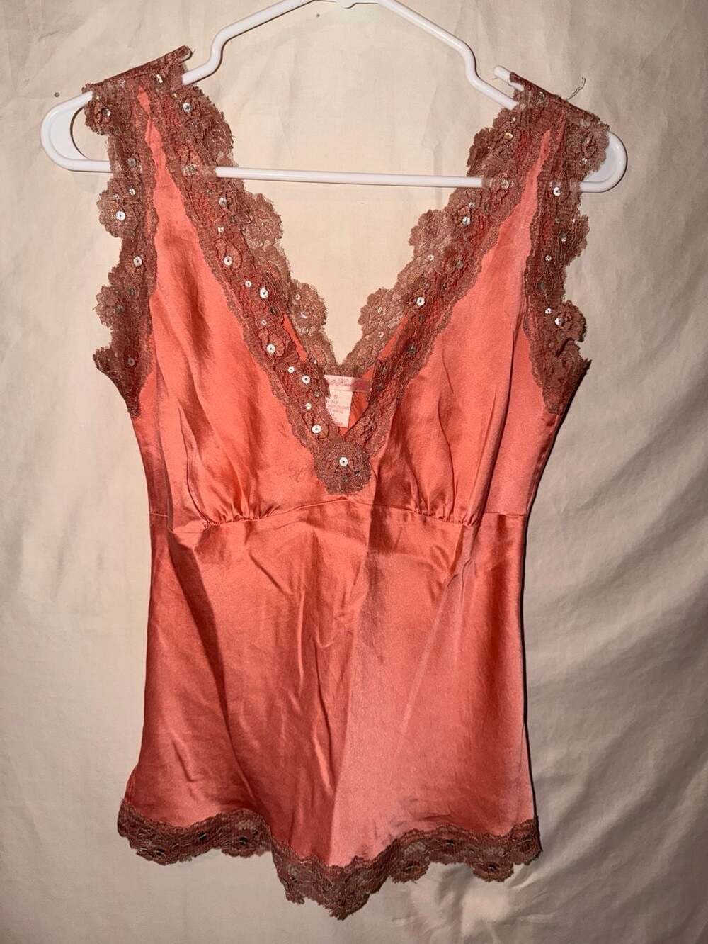 Gold Hawk 100% Silk Lace Camisole Size S Coral Sequin Vintage Y2K